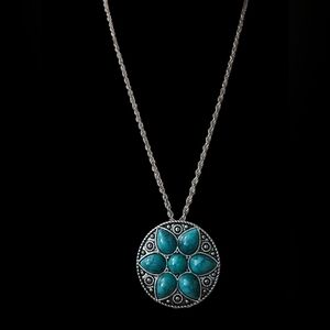 Vintage Silver with Faux Turquoise Statement Boho Necklace 28"